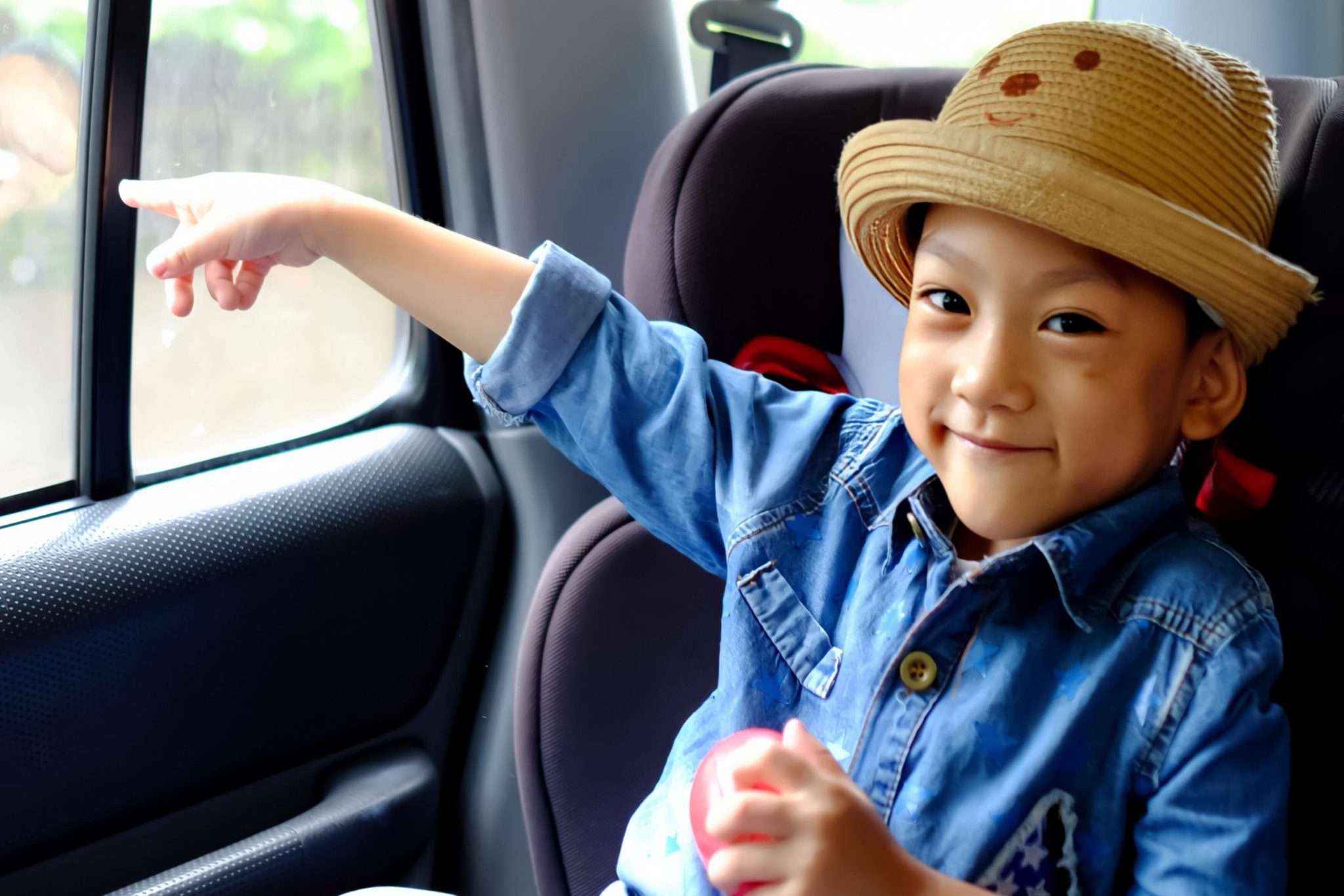 A child pointing out of a car window at Roadside Attractions.